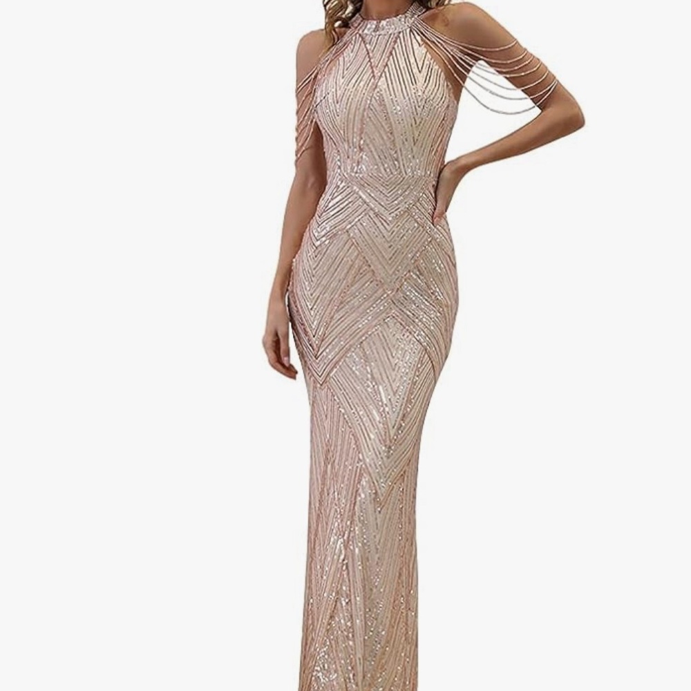 Women’s Formal Halter Gown w/Beaded “sleeves”